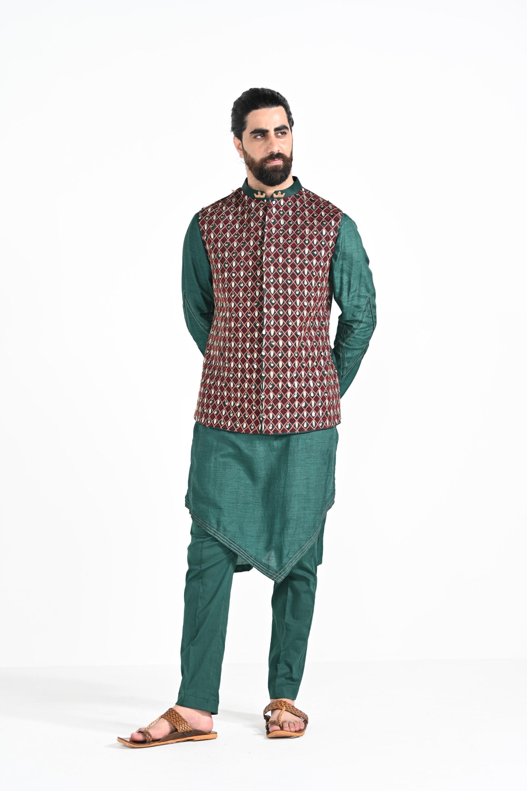 Bottle Green Jhaal Work Nehru with Zari Stitchline Detail Kurta Set image 4
