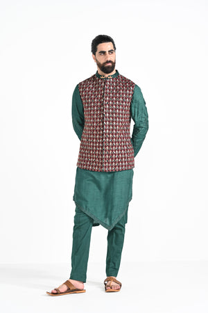 Bottle Green Jhaal Work Nehru with Zari Stitchline Detail Kurta Set image 4