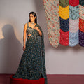 Royal Green Printed And Embroidered Drape Saree Set image 0