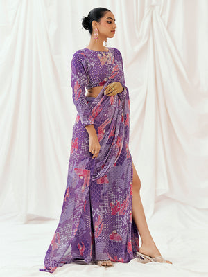 Violet Printed Embroidered Drape Saree Set - S image