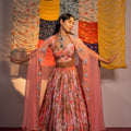 Coral Pink Embroidered And Printed Lehenga Set image 0