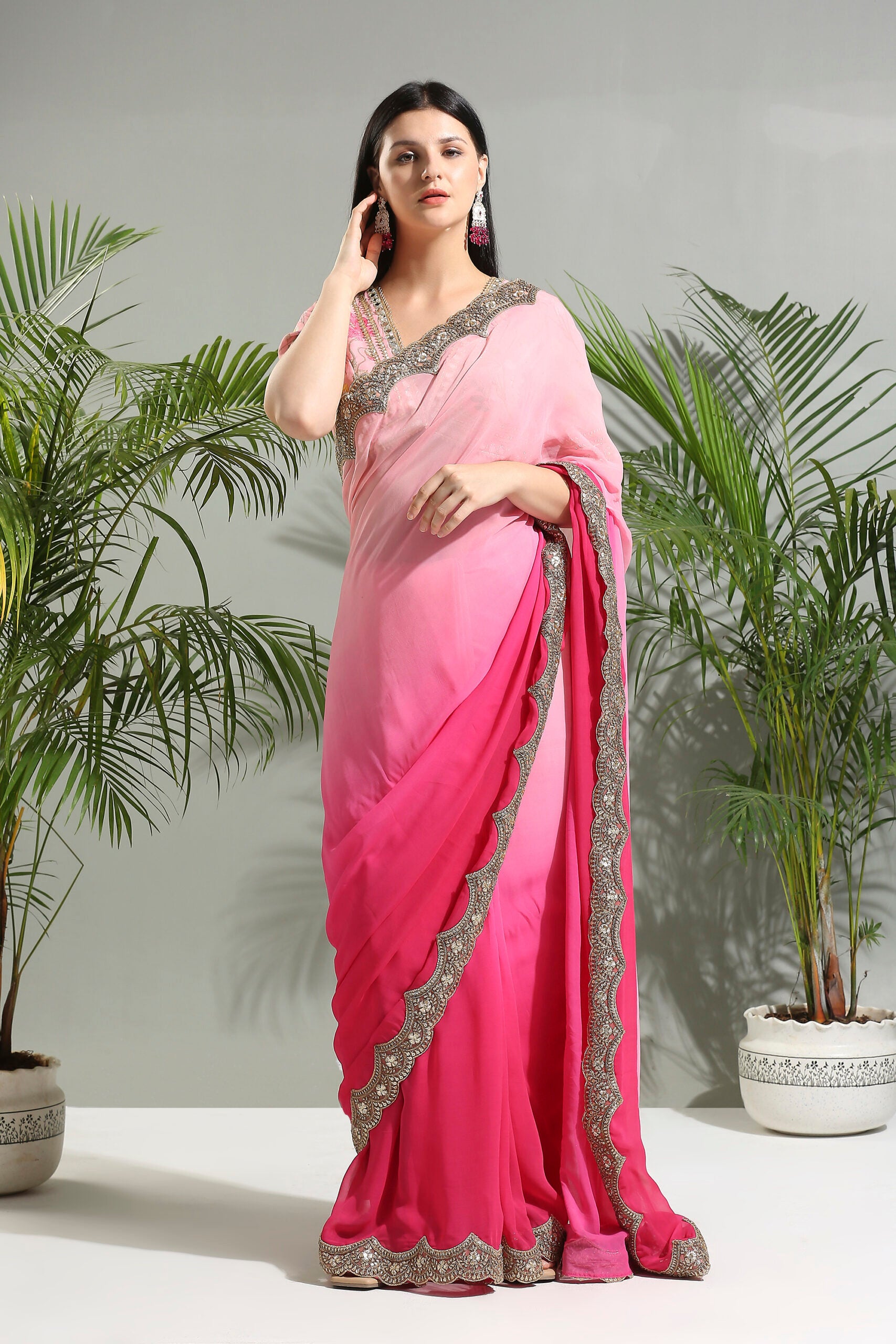 Pink Shaded Saree With Floral Blouse image 3