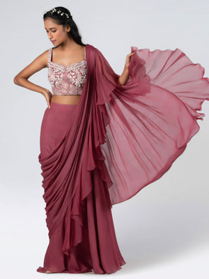 Pre Drape Mauve Ruffle Saree Set image 4