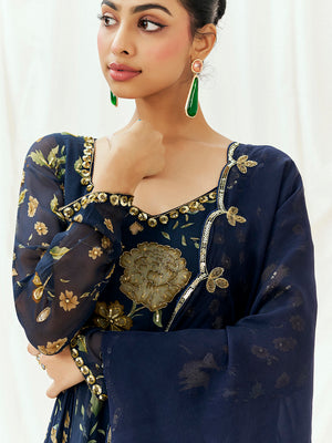 Navy Blue Printed Embroidered Anarkali Set with Dupatta image 4