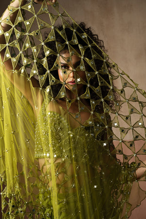 Pre-Draped Mehendi Green  Hand Embroidered Net & Satin Saree image 2