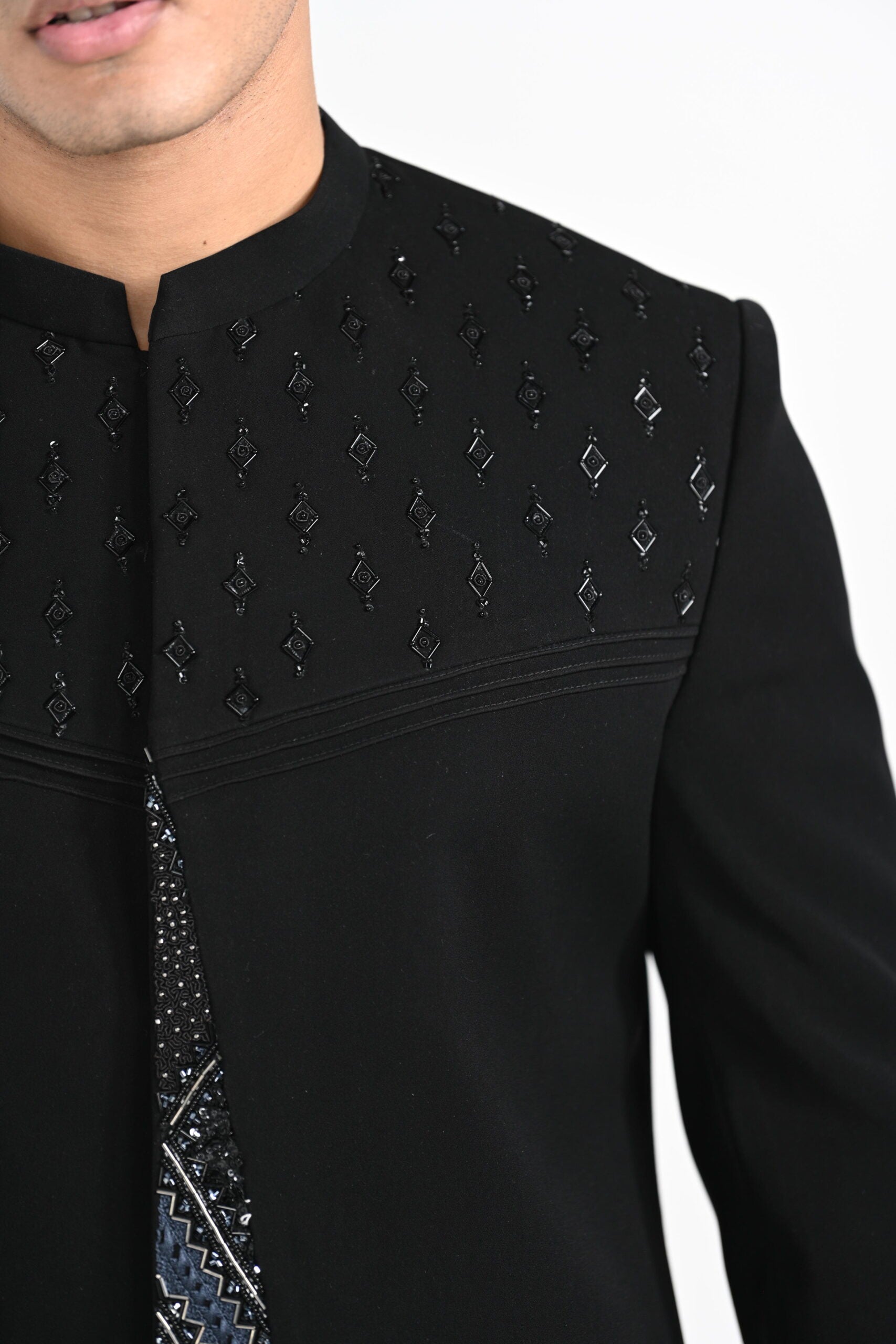 Black Panelled Achkan Set image 3