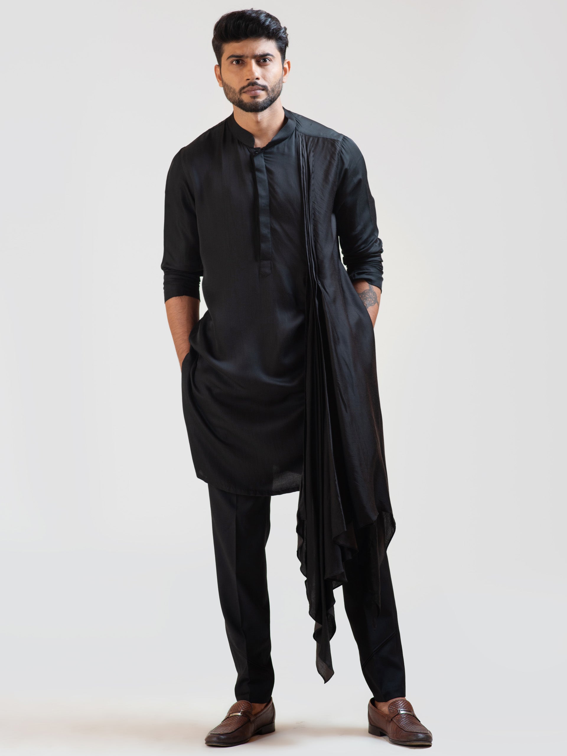 Black Long Drape Kurta Set - S image