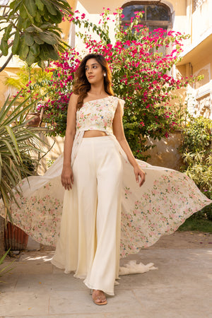 One Shoulder White Crepe Georgette Flared Pant Set image 0