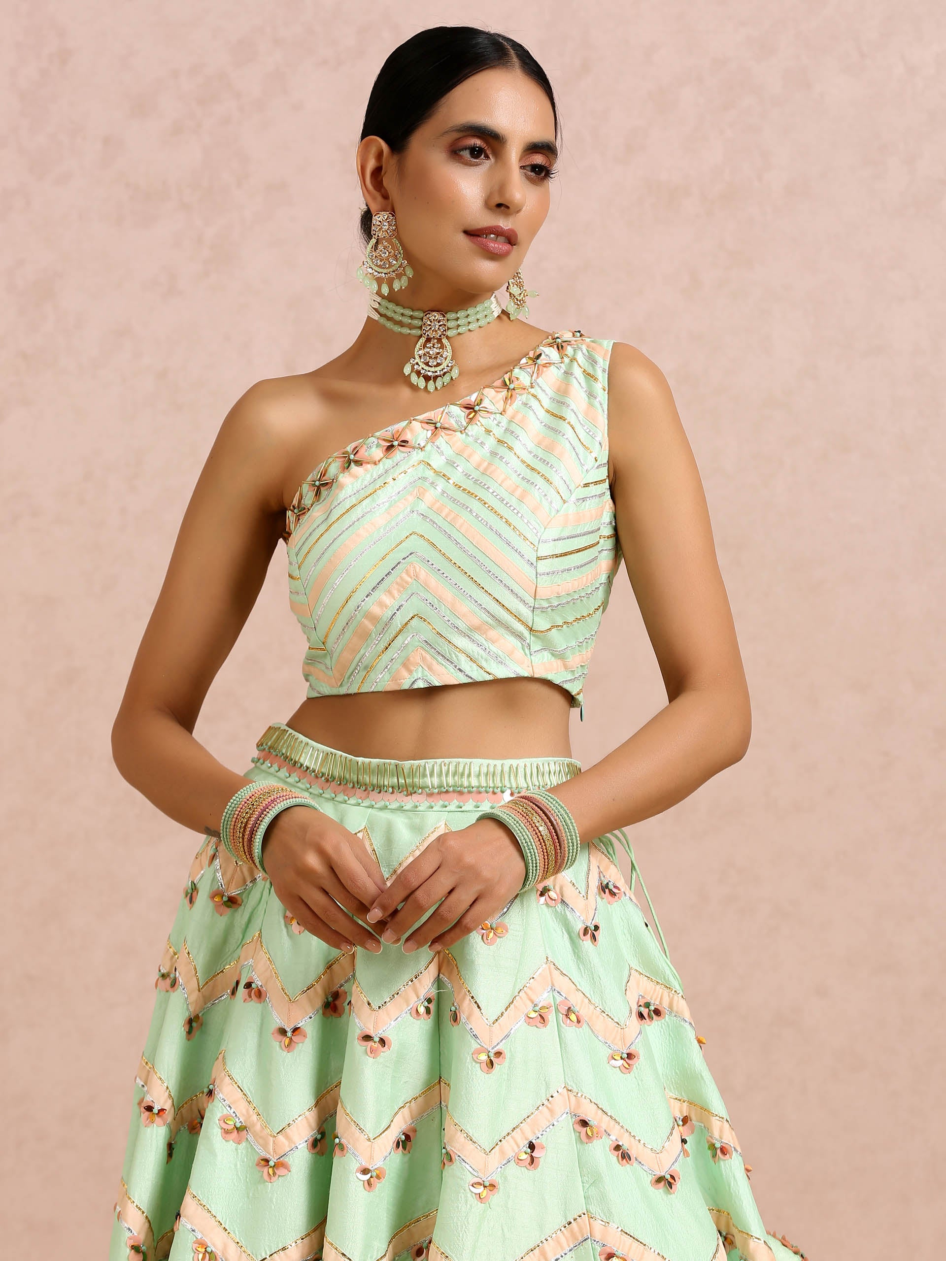 Mint and Peach Color Block Lehenga Set image 1