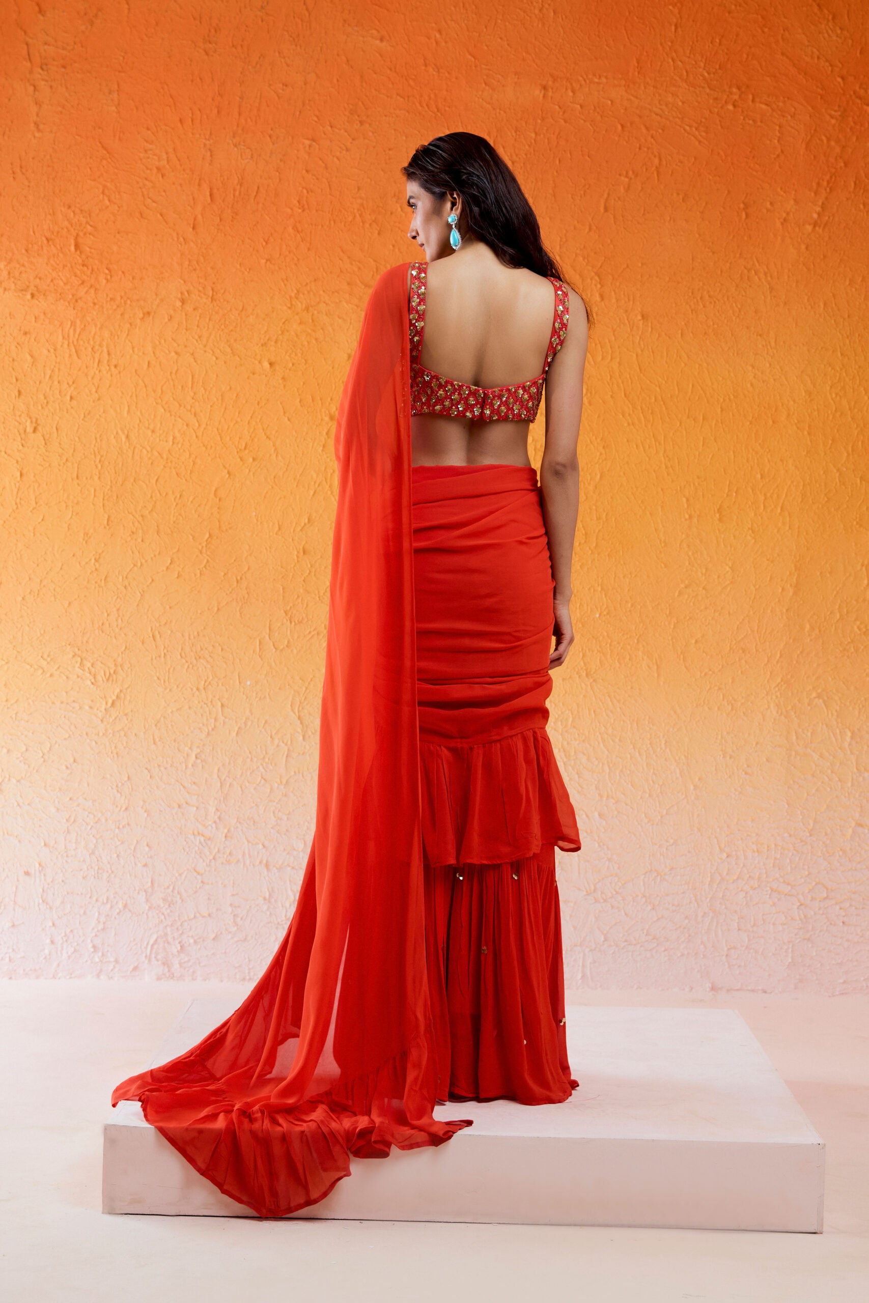 Scarlet Red Embroidered Saree Set image 6