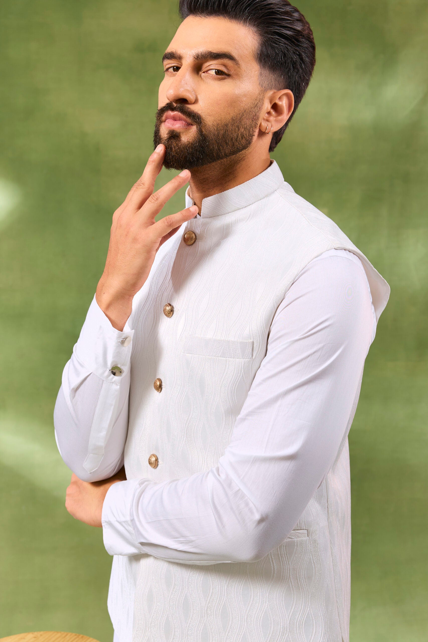 White Jacquard Jacket Kurta Set image 4
