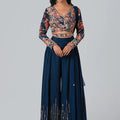 Dark Blue Floral Flared Pant Set image 0