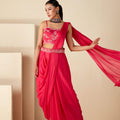 Pink Georgette Crepe Bustier Skirt Saree image 0