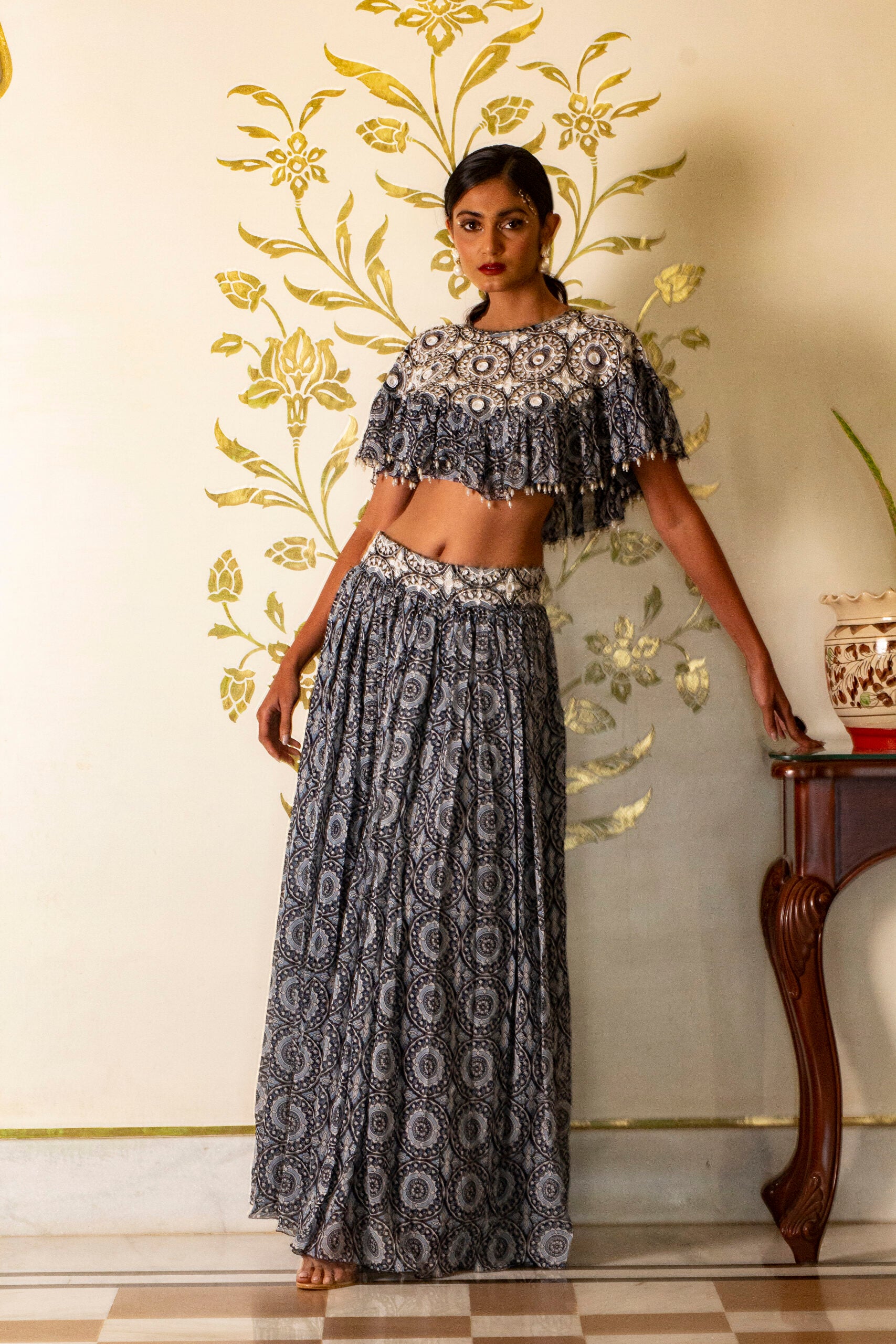 Blue Printed Skirt and Cape Set image 2