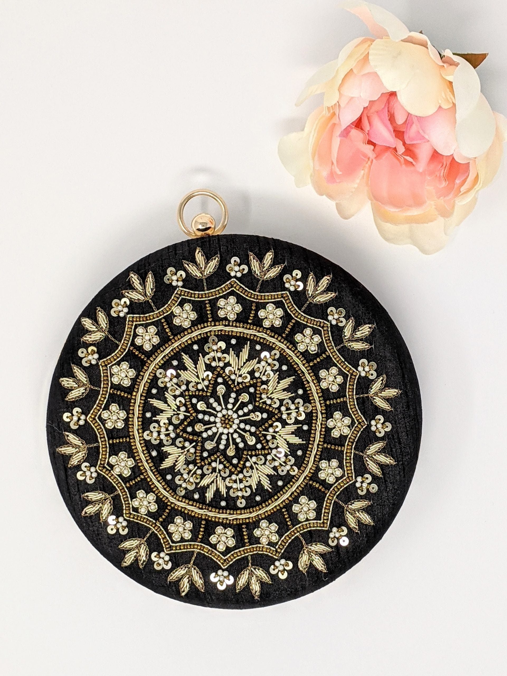 Black Round Embroidered Clutch image 2