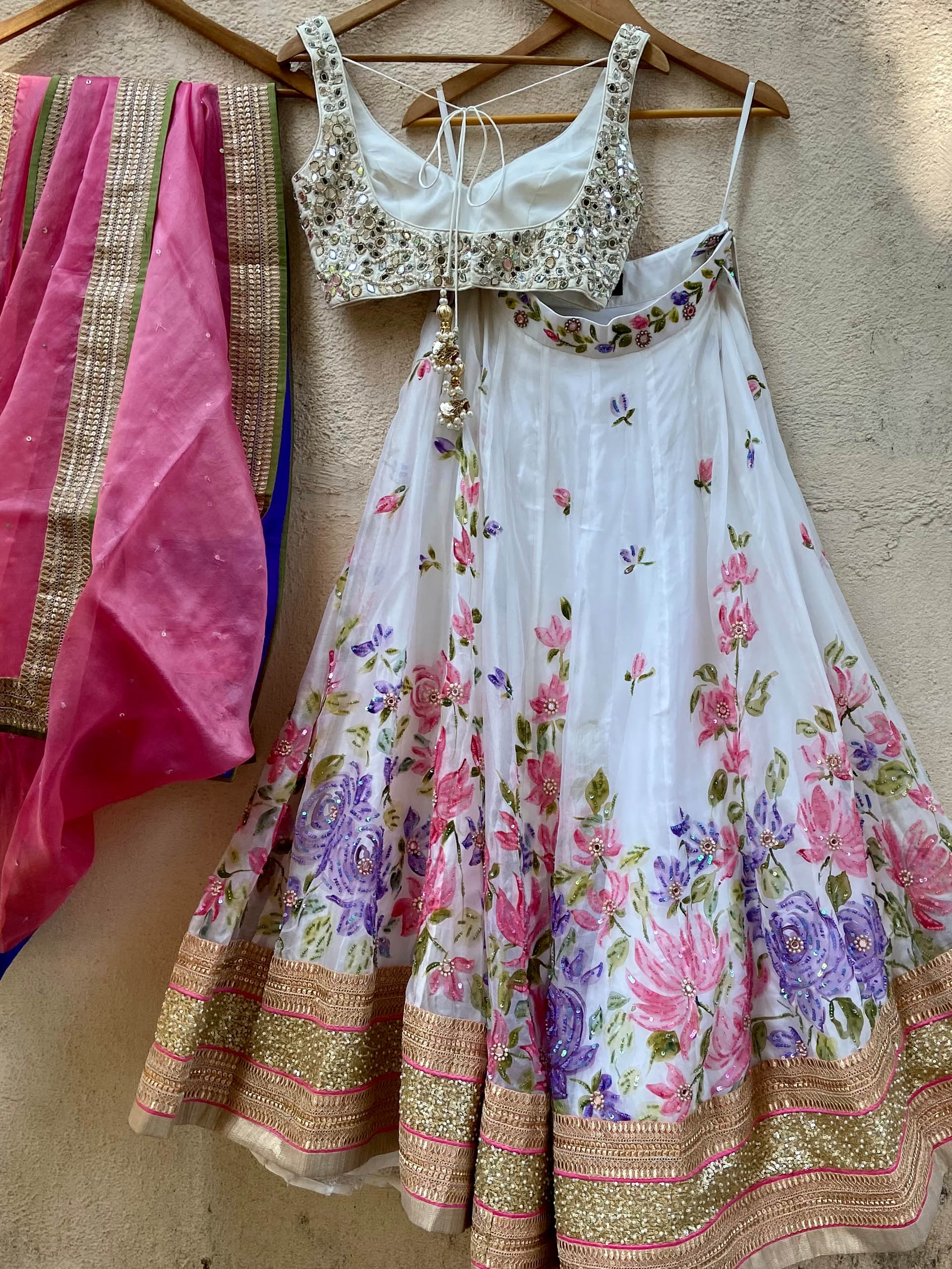 Ivory Handpainted Bridal Mirror Lehenga Set image 1