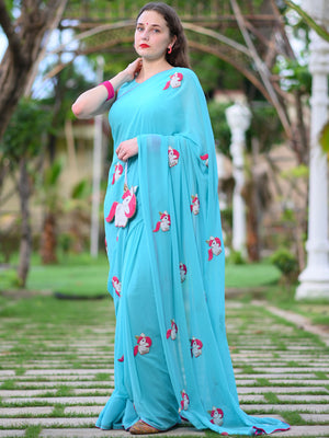 Turquoise Blue Unicorn Saree Set - XL image