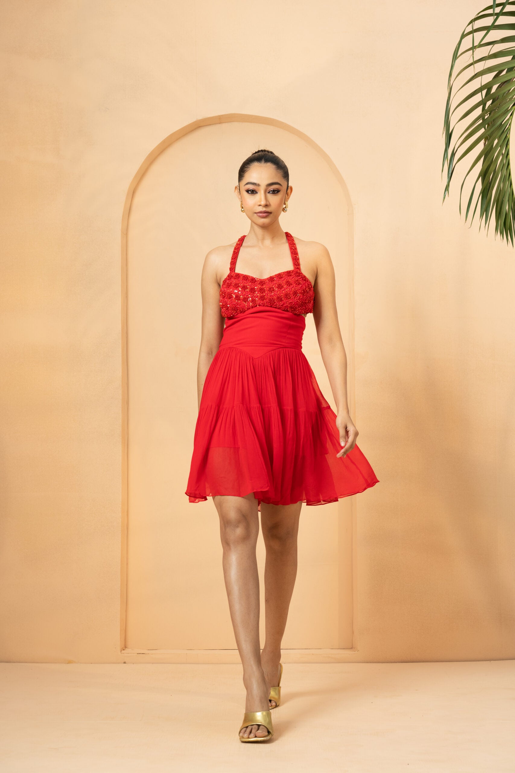 Red Embroidered Mini Flared Dress - S image