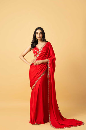 Red Modal Satin Saree - Custom image