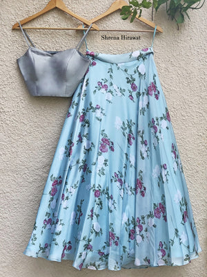 Blue Floral Skirt With Grey Bustier - L image