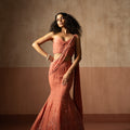 Fishtail Saree Peach Colored Hand Embroidered Georgette Saree image 0