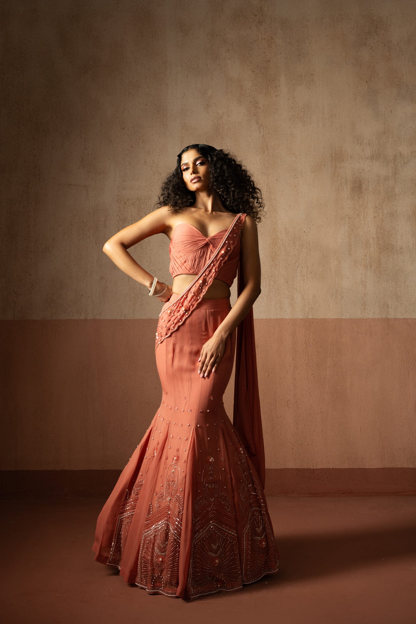 Fishtail Saree Peach Colored Hand Embroidered Georgette Saree image 0
