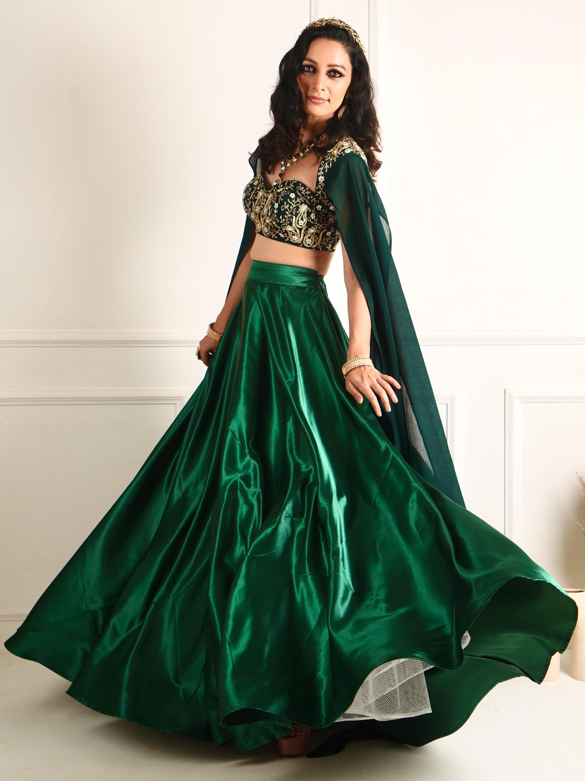 Green Meera Drape Lehenga Set image 10