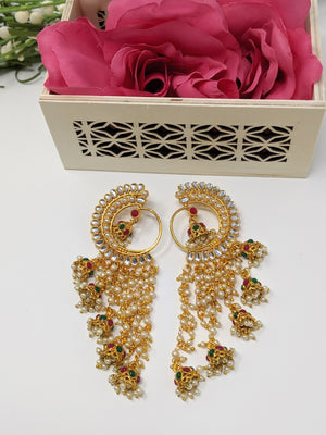 Kundan Waterfall Earrings - Green and Pink image