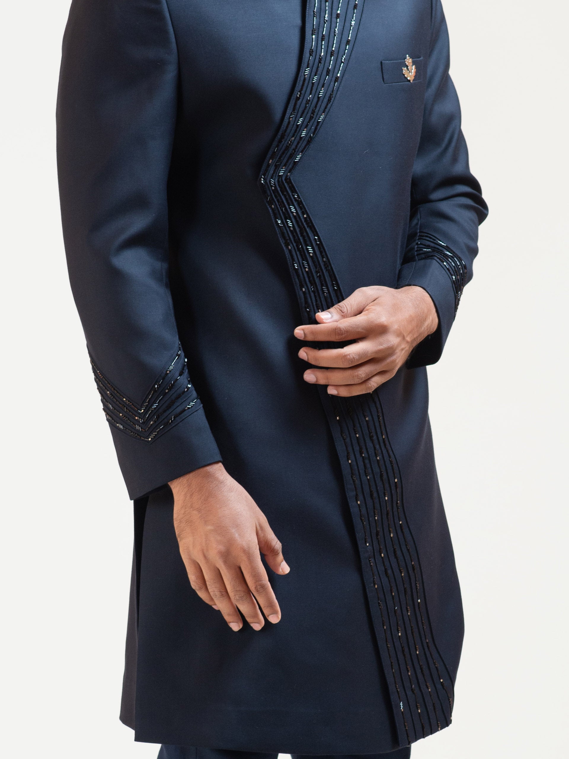 Midnight Blue Pintucks Achkan Coat Set image 3