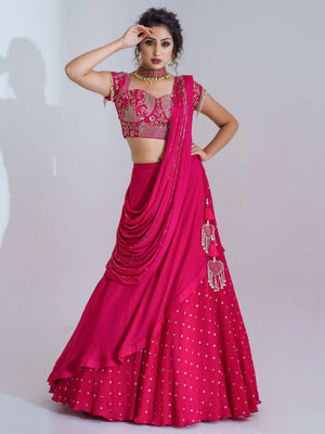 Pre Drape Dark Pink Lehenga Set - M image