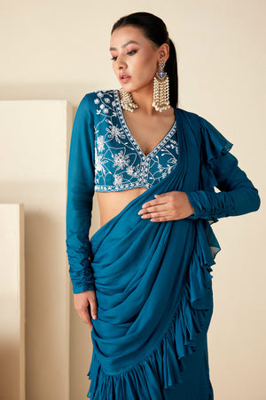 Teal Blue Ruffle Pant Saree image 3