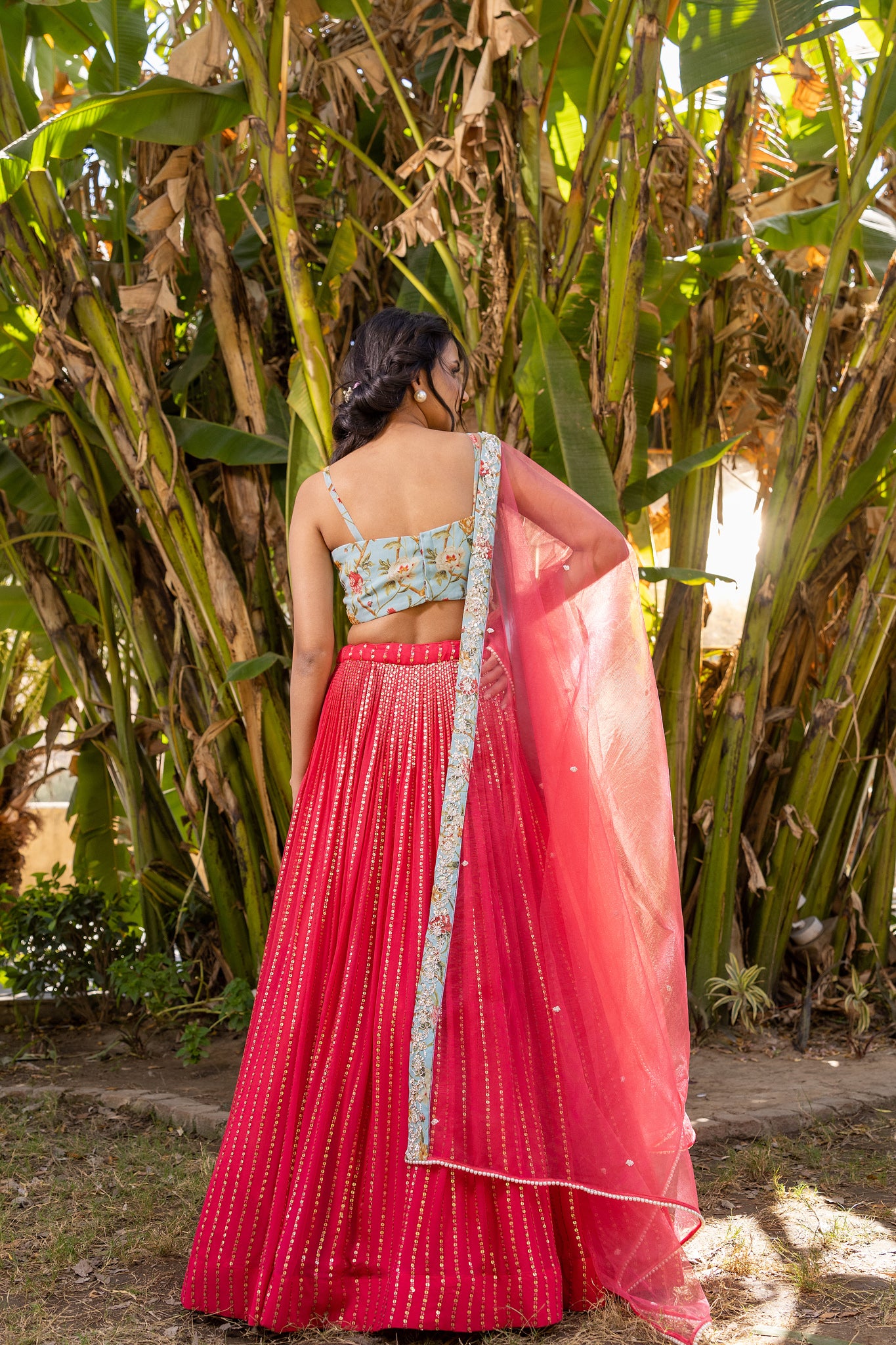 Coral Floral Georgette &amp; Net Embroidered Lehenga Set image 6