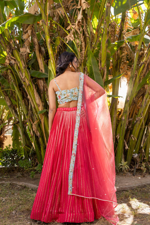 Coral Floral Georgette &amp; Net Embroidered Lehenga Set image 6
