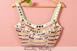 Hot Pink Mirror Sharara Set With Green Chantily Mirror Blouse image 3