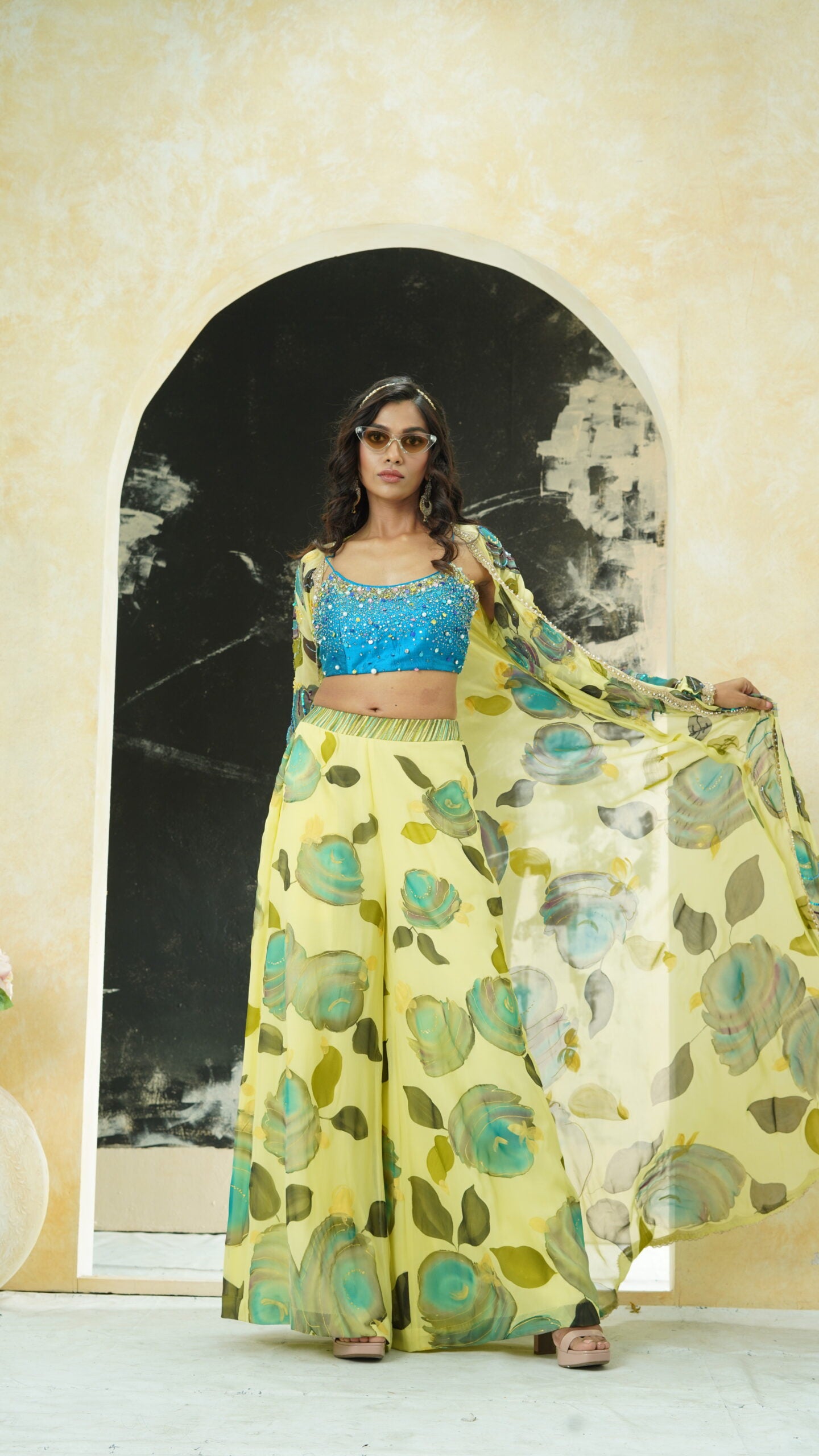 Lime Yellow hand painted palazzo and jacket set image 3