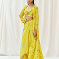 Bright Yellow Printed Embroidered Drape Skirt Set with Jacket image 0