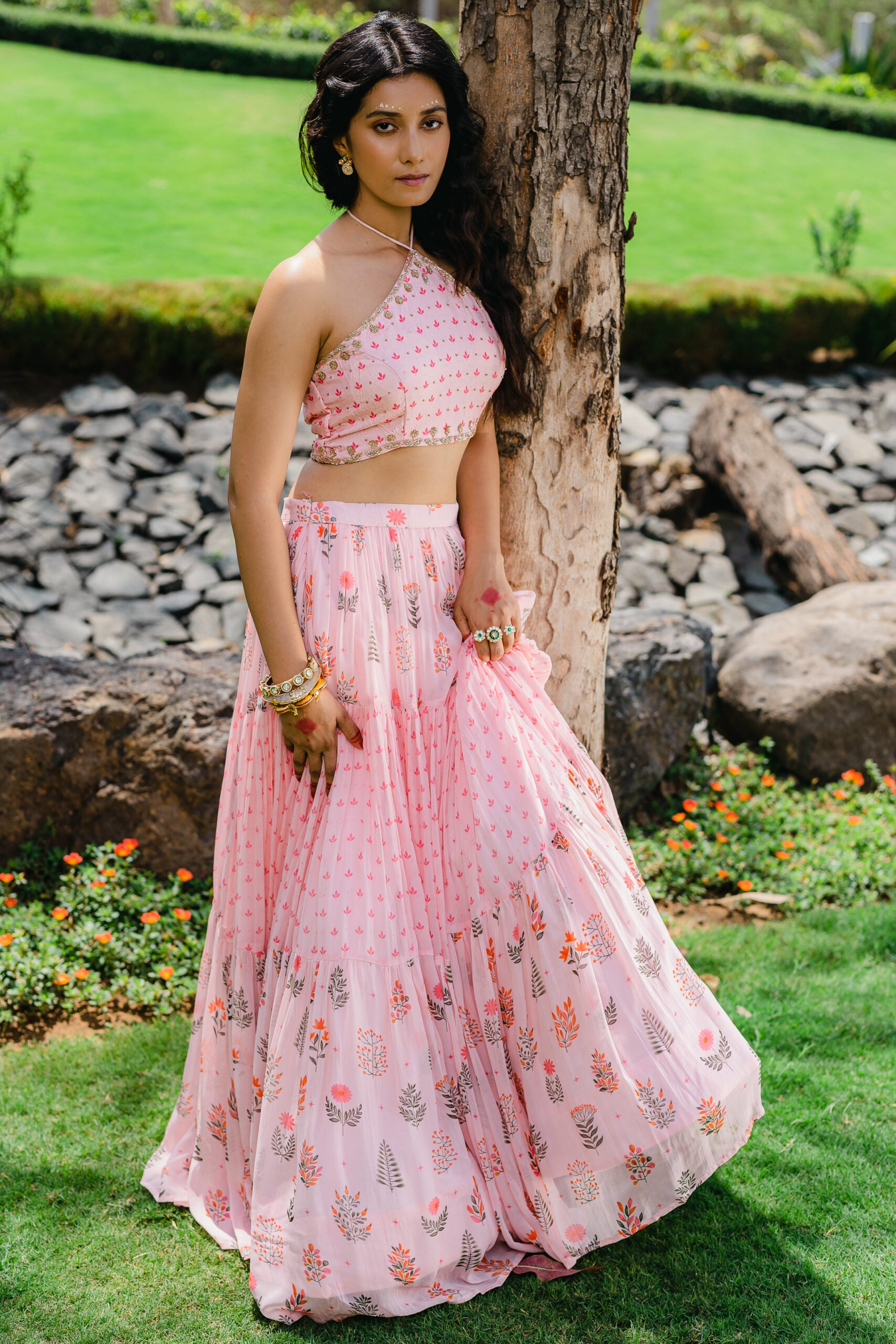 Blush Pink Floral Embroidered Crop-Top and Flared Skirt Set image 2