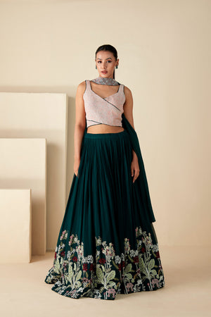 Green Georgette Lehenga with Choker Dupatta image 3