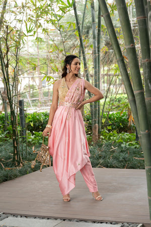 Pink Saanjh Drape Saree Set image 1