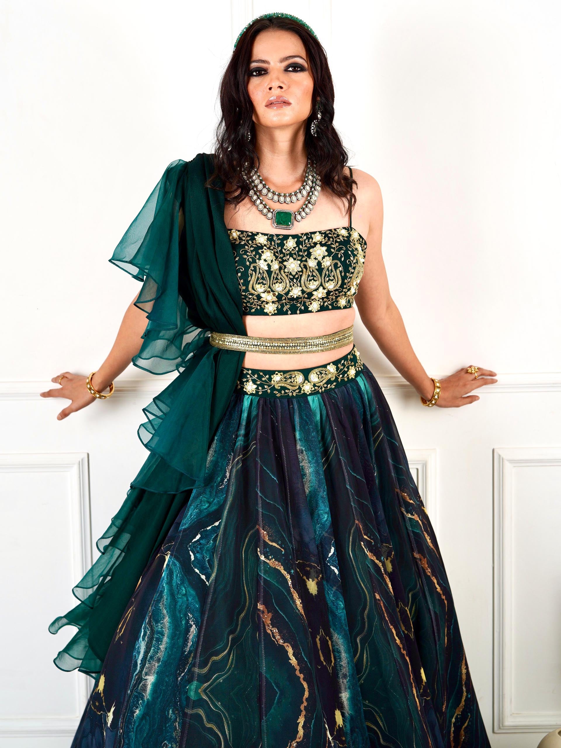 Green Meesha Marble Lehenga Set image 5