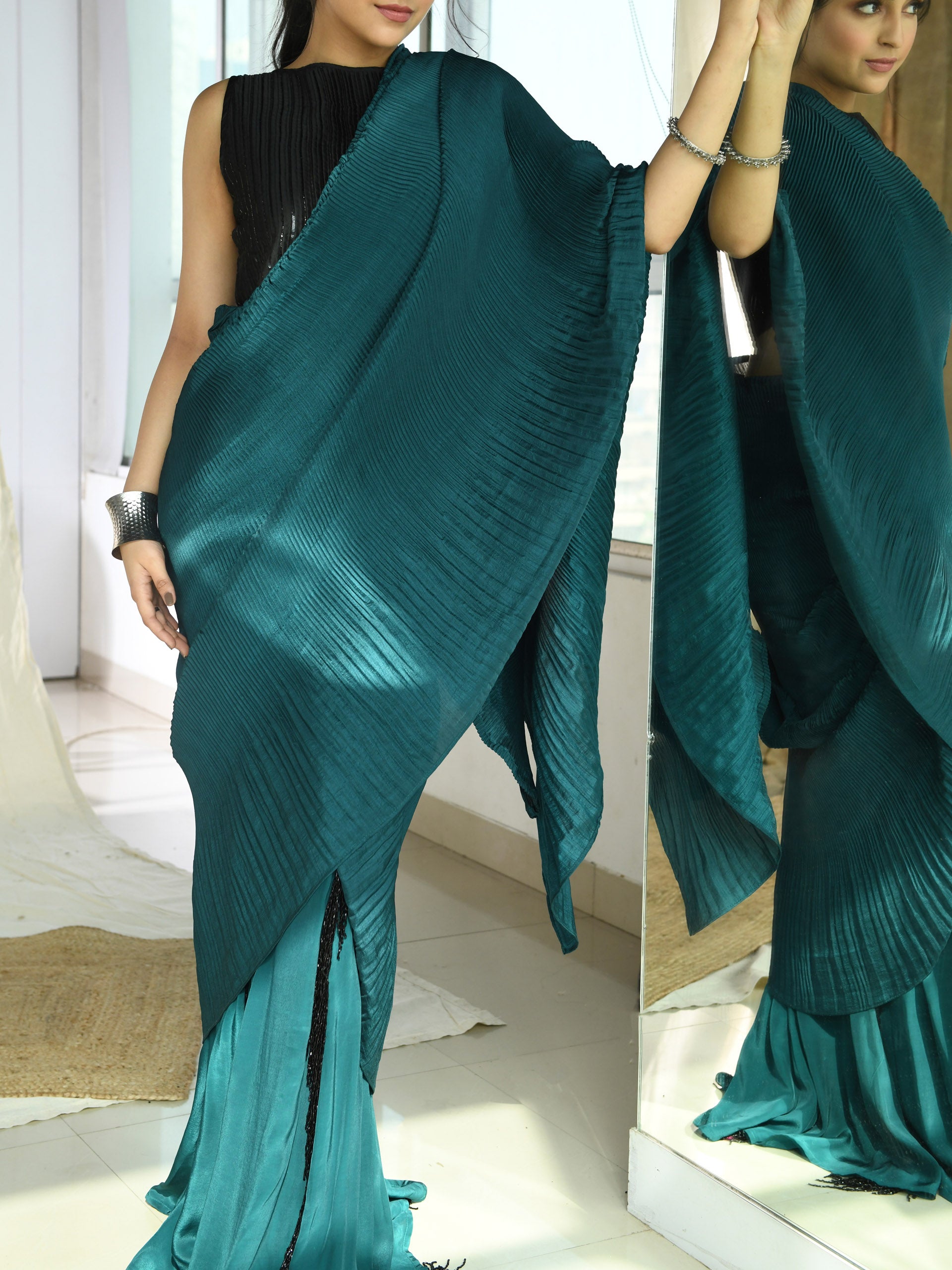Teal Green Fringe Saree Set image 2
