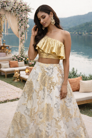 Glam gold one shoulder ruffle blouse with an ivory organza skirt - XL image
