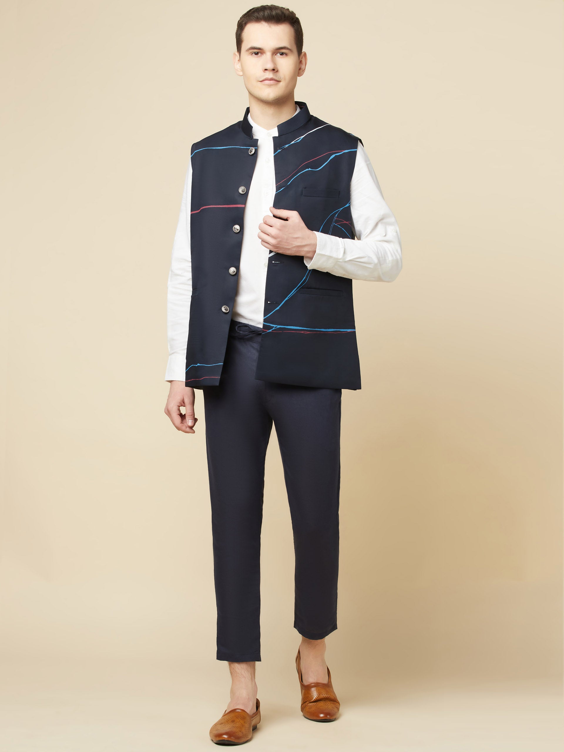 Navy Blue Printed Bundi Jacket image 3
