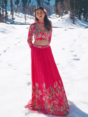 Hot Pink Floral Lehenga Set - S image