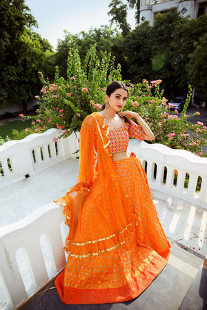 Orange Glitter Motif Lehenga Set with Ruffle Dupatta image 3