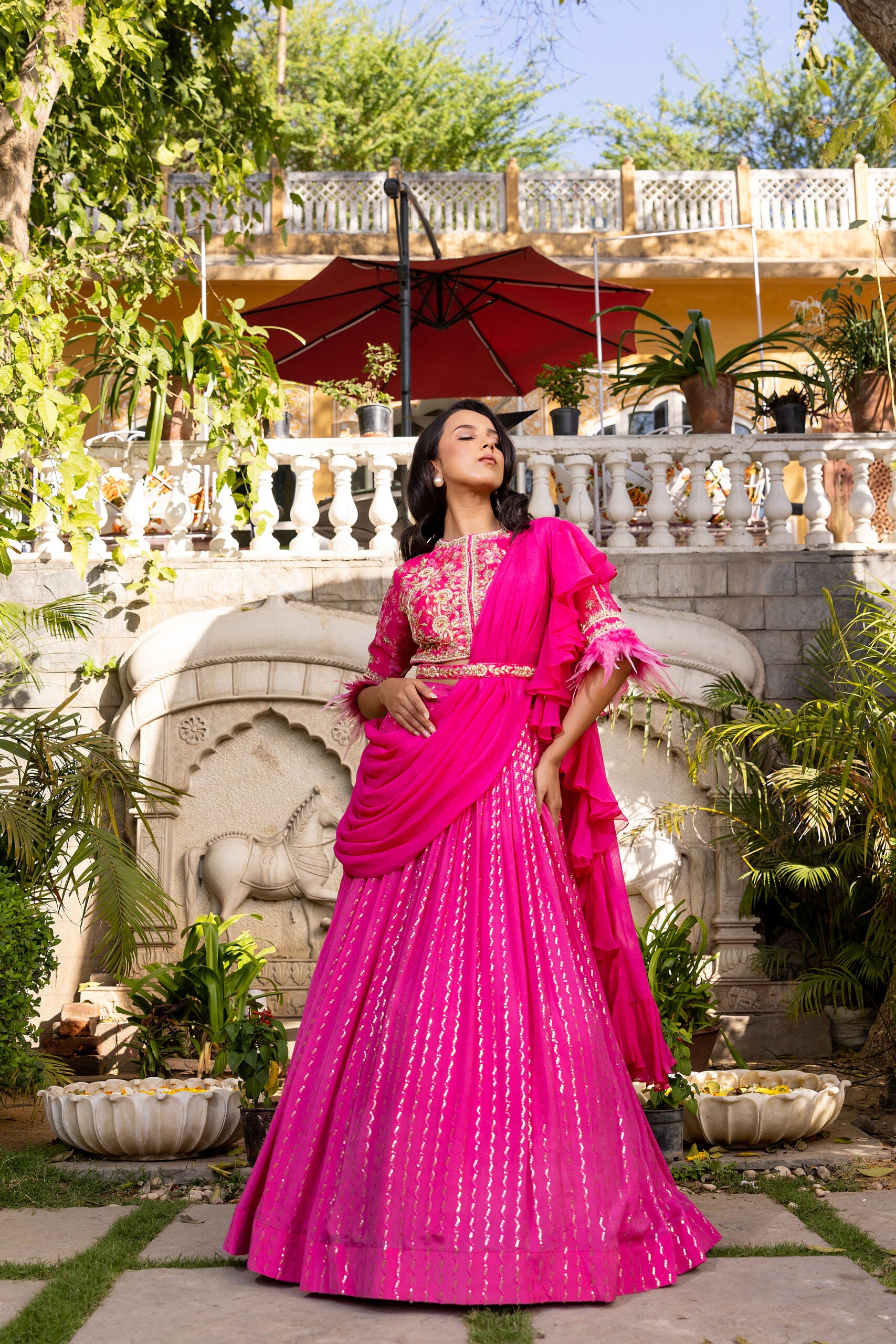 Pink Flair Sleeve Georgette Embroidered Lehenga Set image 2