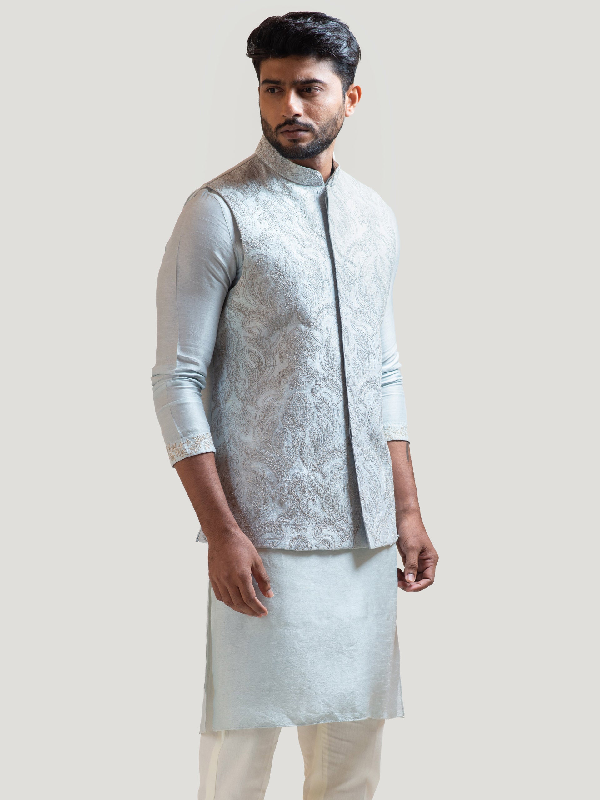 Ice Blue Zari Nehru Kurta Set image 3