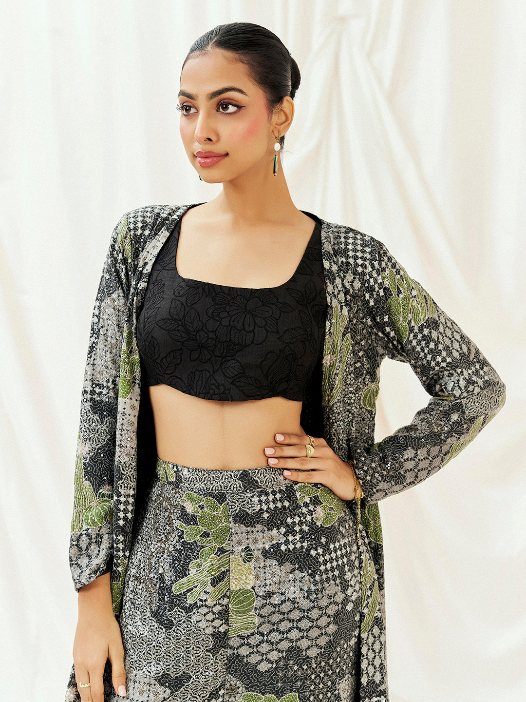 Black Printed Embroidered Long Jacket Sharara Set image 1