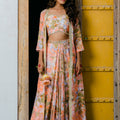 Coral Peach Printed Embroidered Long Jacket and Skirt Set image 0