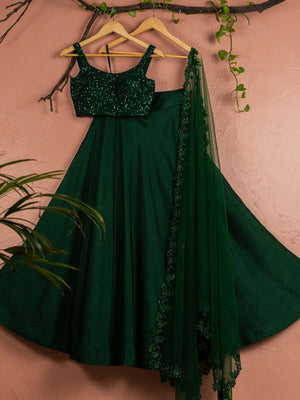 Dark Green Silk Sequin Lehenga Set - S image